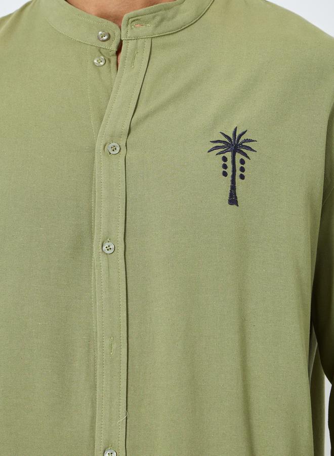 Styli Men Olive Linen Mandarin Collar Shirt - Image 3